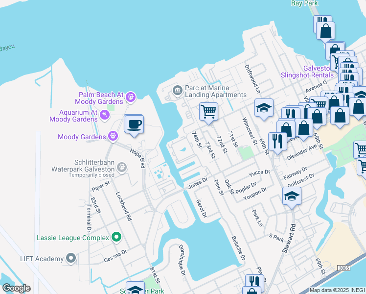 map of restaurants, bars, coffee shops, grocery stores, and more near 7501 Avenue P 1/2 in Galveston