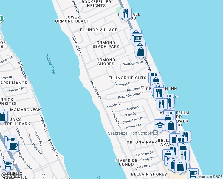 map of restaurants, bars, coffee shops, grocery stores, and more near 59 Cardinal Drive in Ormond Beach
