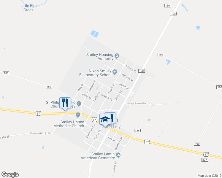 map of restaurants, bars, coffee shops, grocery stores, and more near 300 Bundick Street in Smiley