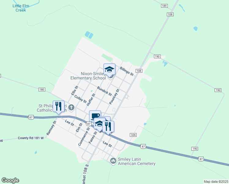 map of restaurants, bars, coffee shops, grocery stores, and more near 402 Pouncey Street in Smiley