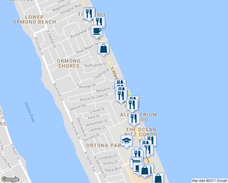 map of restaurants, bars, coffee shops, grocery stores, and more near 235 Ponce De Leon Dr in Ormond Beach