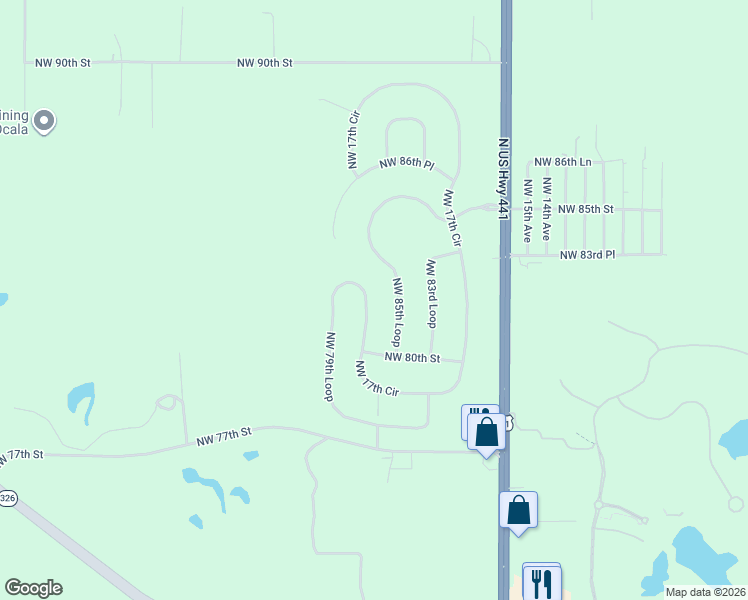 map of restaurants, bars, coffee shops, grocery stores, and more near 1841 Northwest 85th Loop in Ocala