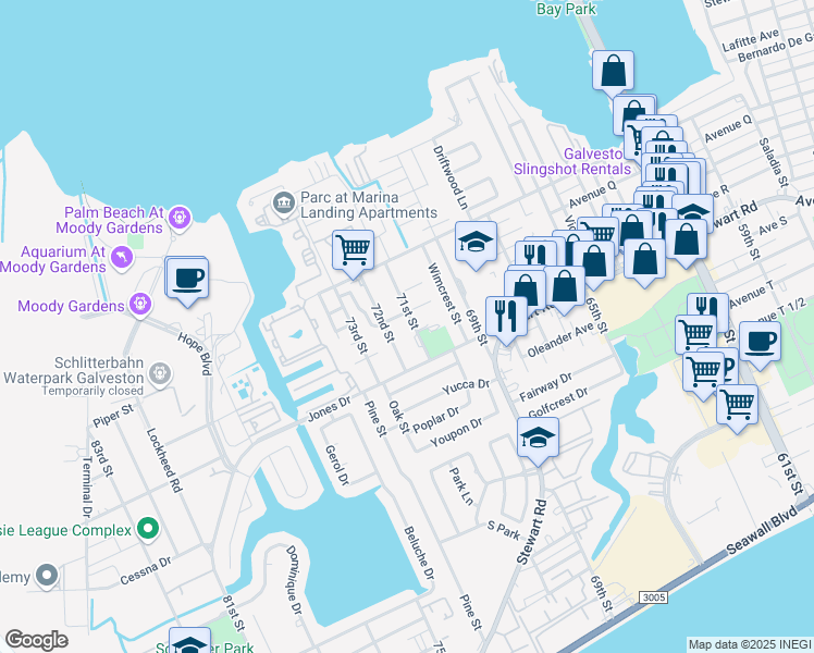 map of restaurants, bars, coffee shops, grocery stores, and more near 2211 71st St in Galveston