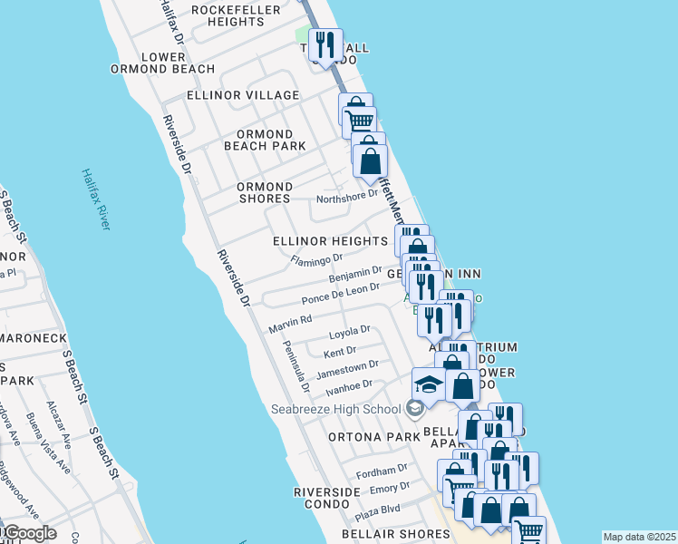 map of restaurants, bars, coffee shops, grocery stores, and more near 145 Benjamin Drive in Ormond Beach