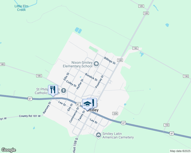 map of restaurants, bars, coffee shops, grocery stores, and more near 402 Pouncey Street in Smiley