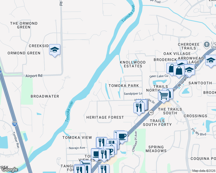 map of restaurants, bars, coffee shops, grocery stores, and more near 65 Raintree Lane in Ormond Beach