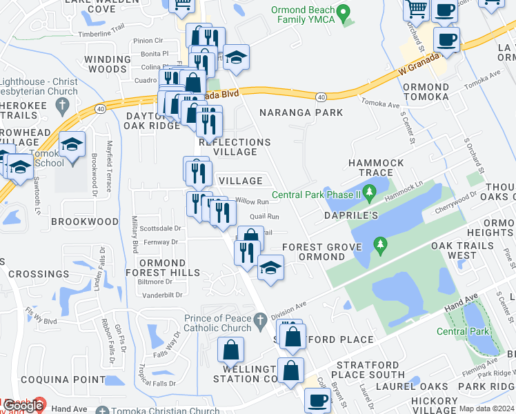 map of restaurants, bars, coffee shops, grocery stores, and more near 888 Willow Run in Ormond Beach