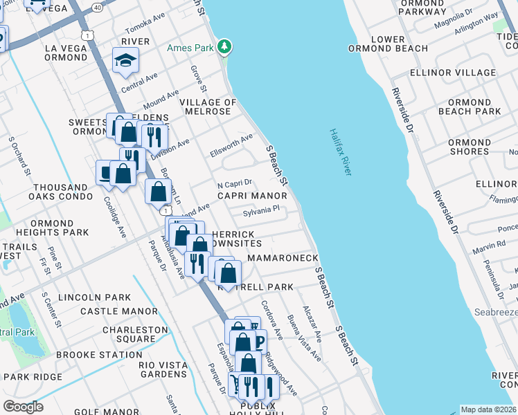 map of restaurants, bars, coffee shops, grocery stores, and more near 87 Sylvania Place in Ormond Beach