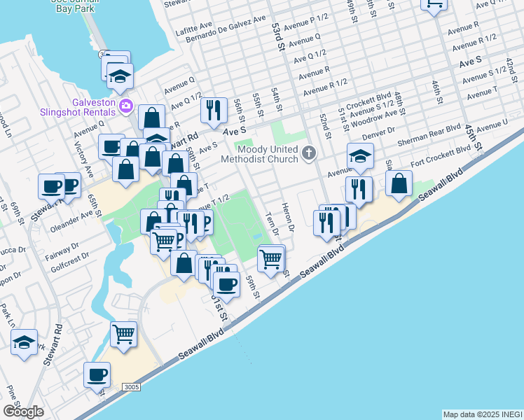 map of restaurants, bars, coffee shops, grocery stores, and more near 3007 Tern Drive in Galveston