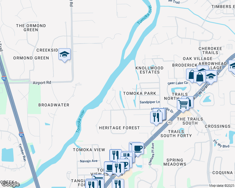 map of restaurants, bars, coffee shops, grocery stores, and more near 65 Raintree Lane in Ormond Beach