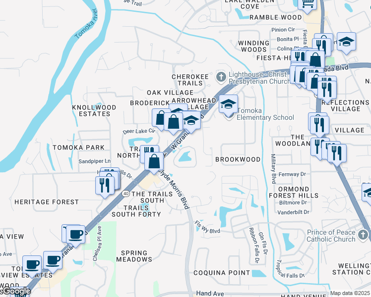 map of restaurants, bars, coffee shops, grocery stores, and more near 11 Fishermans Circle in Ormond Beach