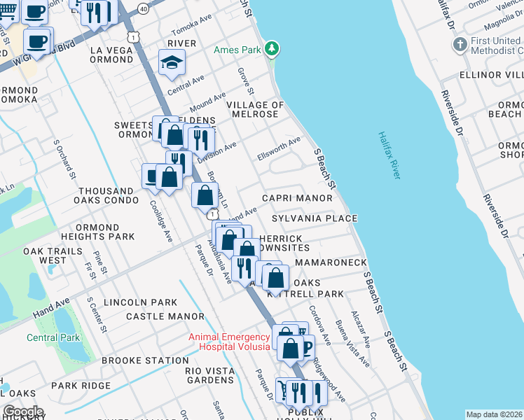 map of restaurants, bars, coffee shops, grocery stores, and more near 126 Hand Avenue in Ormond Beach