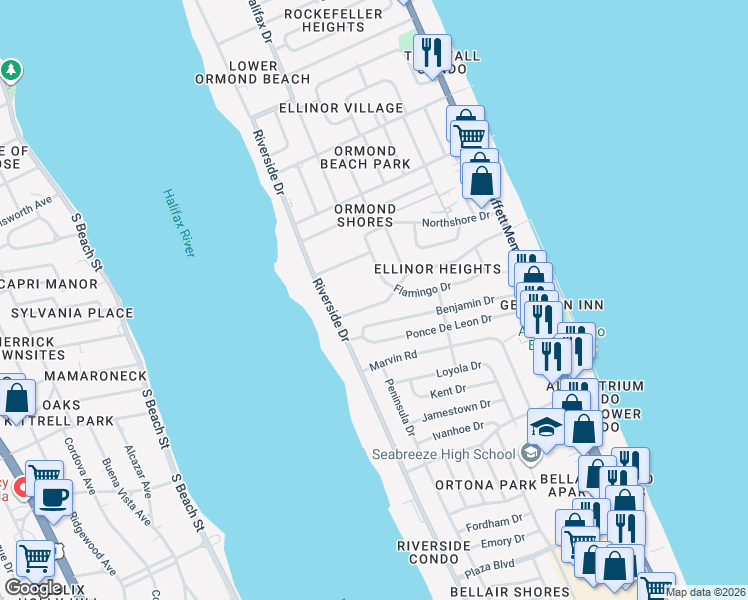 map of restaurants, bars, coffee shops, grocery stores, and more near 59 Cardinal Drive in Ormond Beach