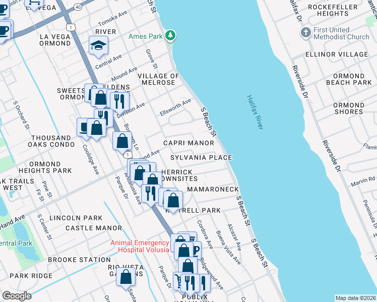 map of restaurants, bars, coffee shops, grocery stores, and more near 87 Sylvania Place in Ormond Beach