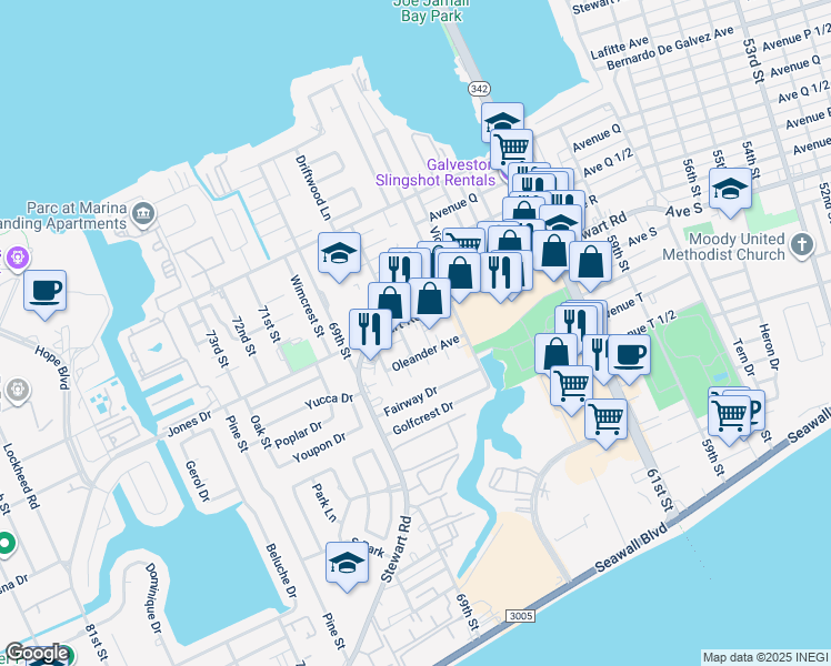 map of restaurants, bars, coffee shops, grocery stores, and more near 6618 Oleander Avenue in Galveston
