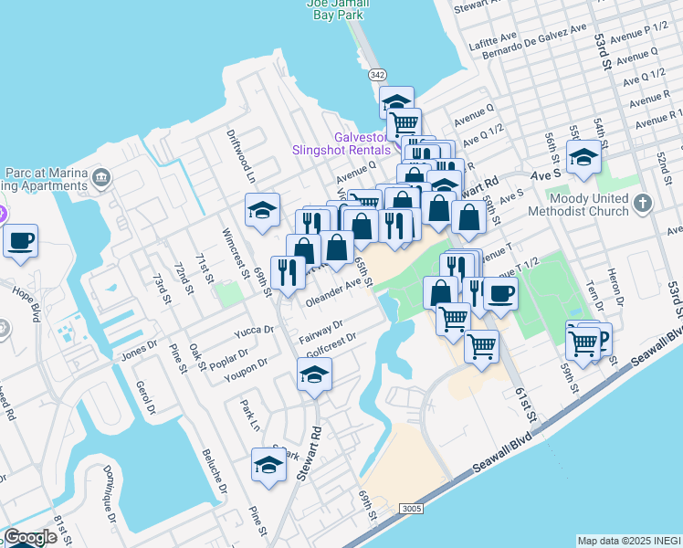 map of restaurants, bars, coffee shops, grocery stores, and more near 6618 Oleander Avenue in Galveston