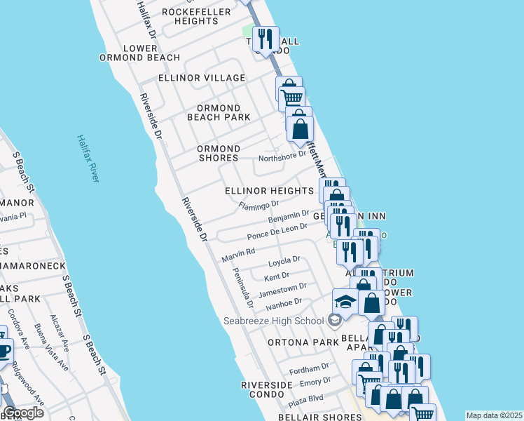 map of restaurants, bars, coffee shops, grocery stores, and more near 145 Benjamin Drive in Ormond Beach