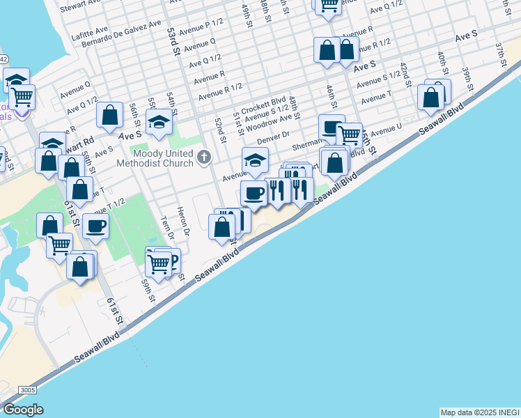 map of restaurants, bars, coffee shops, grocery stores, and more near 5222 Seawall Boulevard in Galveston