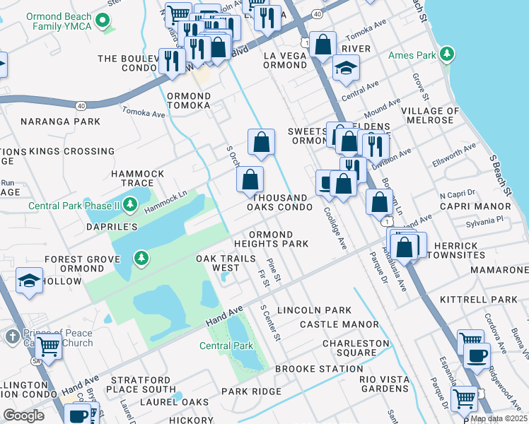 map of restaurants, bars, coffee shops, grocery stores, and more near 203 South Orchard Street in Ormond Beach