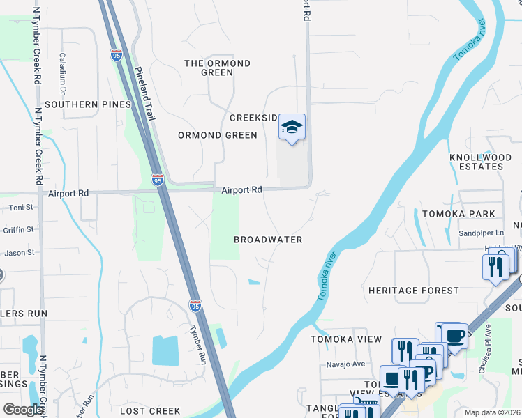 map of restaurants, bars, coffee shops, grocery stores, and more near 6 Broadwater Drive in Ormond Beach