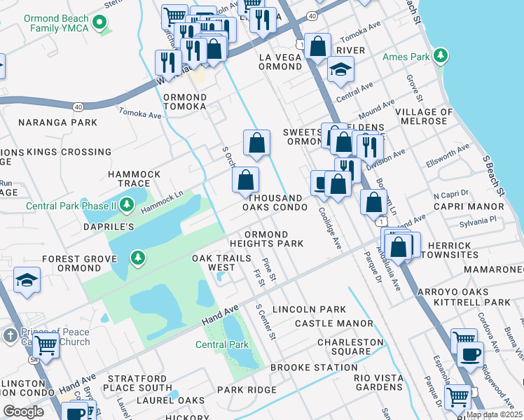 map of restaurants, bars, coffee shops, grocery stores, and more near 401 Division Avenue in Ormond Beach