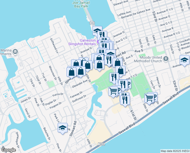 map of restaurants, bars, coffee shops, grocery stores, and more near 2506 65th St in Galveston