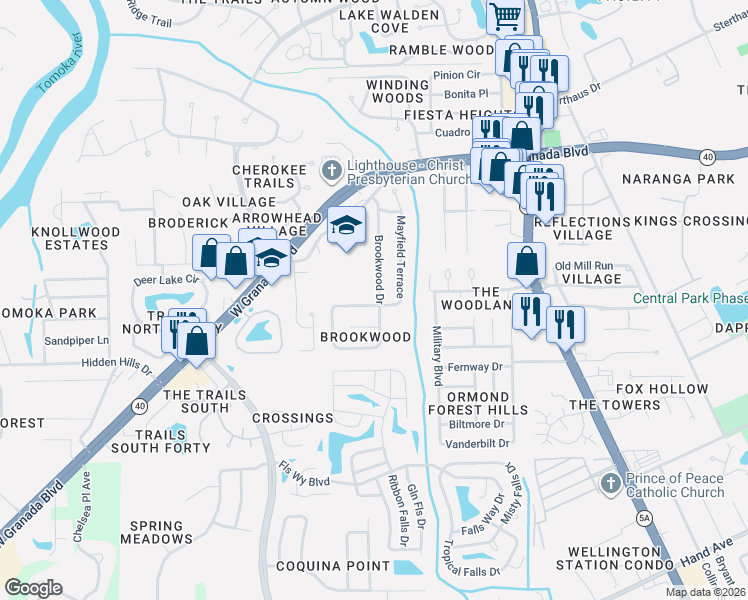 map of restaurants, bars, coffee shops, grocery stores, and more near 56 Brookwood Drive in Ormond Beach
