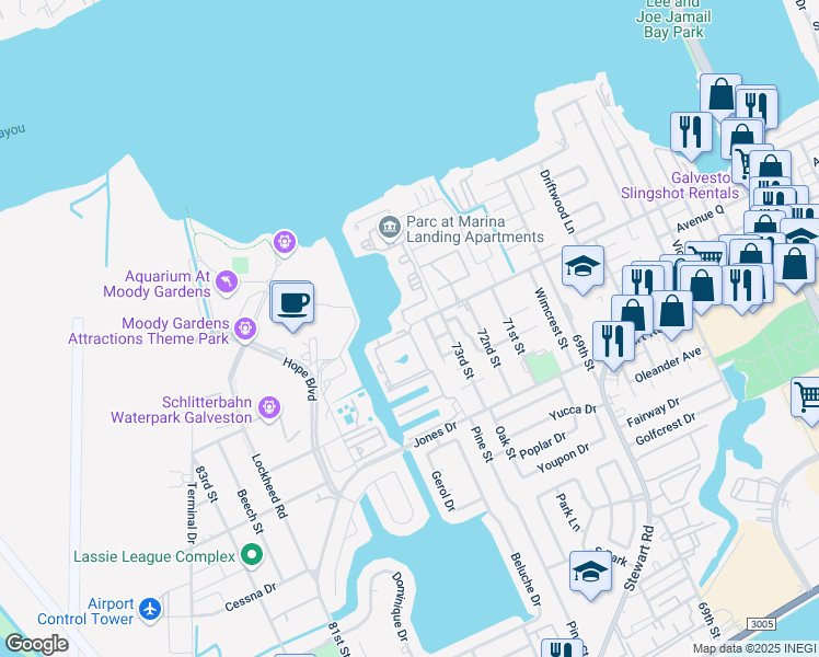 map of restaurants, bars, coffee shops, grocery stores, and more near 7504 Avenue P 1/2 in Galveston