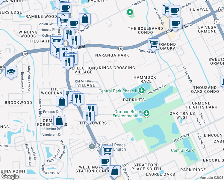 map of restaurants, bars, coffee shops, grocery stores, and more near 9 Lionshead Drive in Ormond Beach