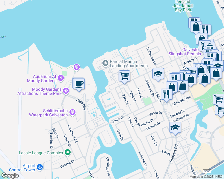 map of restaurants, bars, coffee shops, grocery stores, and more near 7500-7504 Avenue P 1/2 in Galveston