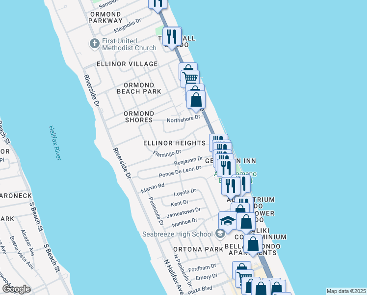 map of restaurants, bars, coffee shops, grocery stores, and more near 172 Cardinal Drive in Ormond Beach