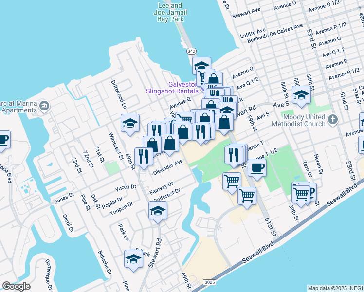 map of restaurants, bars, coffee shops, grocery stores, and more near 6341 Stewart Road in Galveston