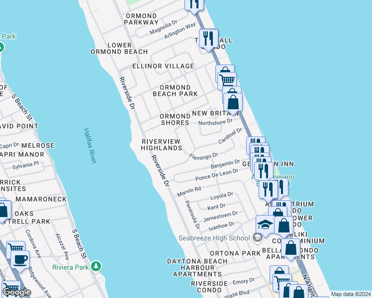 map of restaurants, bars, coffee shops, grocery stores, and more near 614 Flamingo Drive in Ormond Beach