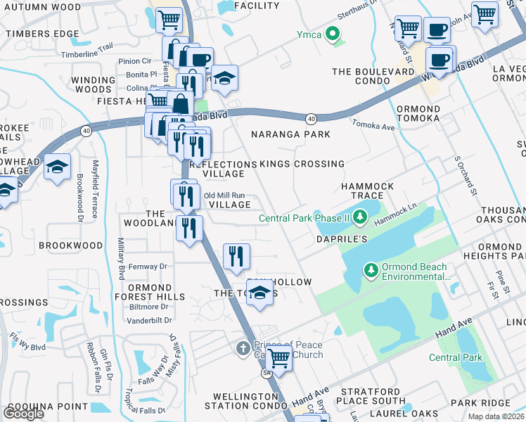 map of restaurants, bars, coffee shops, grocery stores, and more near 570 Village Drive in Ormond Beach