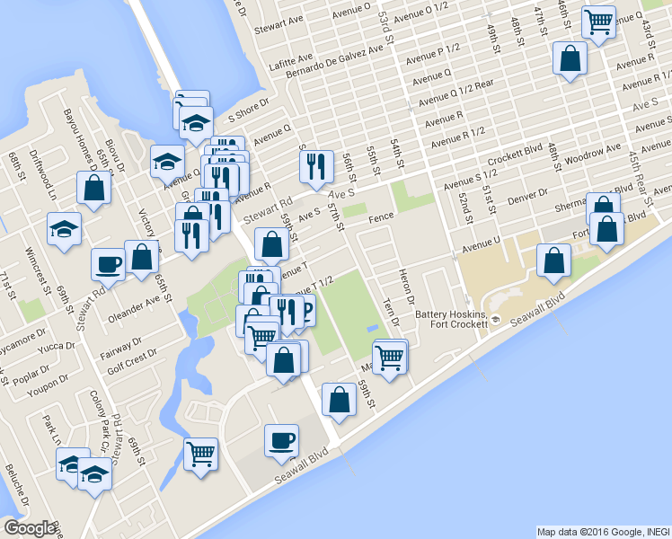 map of restaurants, bars, coffee shops, grocery stores, and more near 5800 Avenue T 1/2 in Galveston