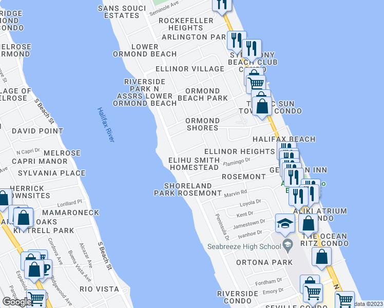 map of restaurants, bars, coffee shops, grocery stores, and more near 40 Pleasant Drive in Ormond Beach