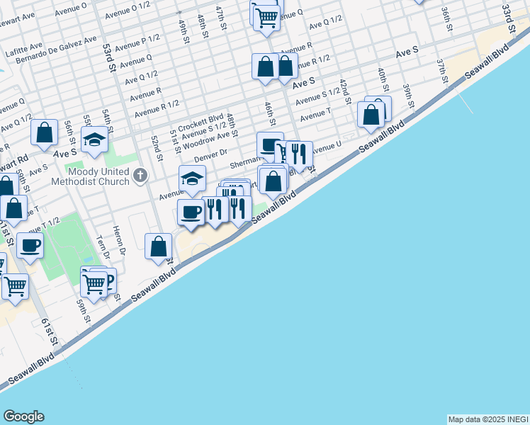 map of restaurants, bars, coffee shops, grocery stores, and more near 4806 Seawall Boulevard in Galveston