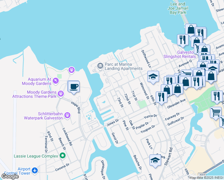 map of restaurants, bars, coffee shops, grocery stores, and more near 7302 Heards Lane in Galveston