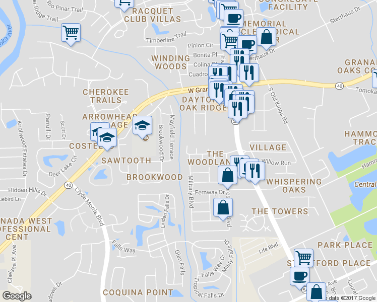 map of restaurants, bars, coffee shops, grocery stores, and more near 56 Woodlands Boulevard in Ormond Beach