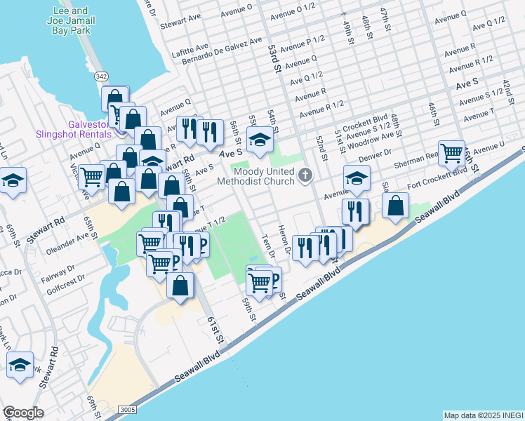 map of restaurants, bars, coffee shops, grocery stores, and more near 1234 Rosewood Drive in Galveston