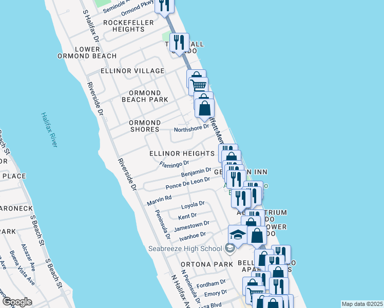 map of restaurants, bars, coffee shops, grocery stores, and more near 172 Cardinal Drive in Ormond Beach