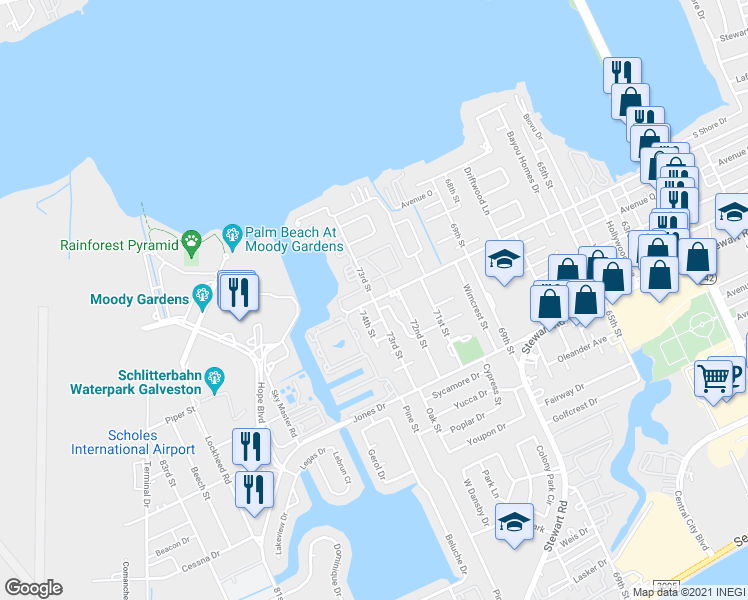 map of restaurants, bars, coffee shops, grocery stores, and more near 7301 Heards Lane in Galveston