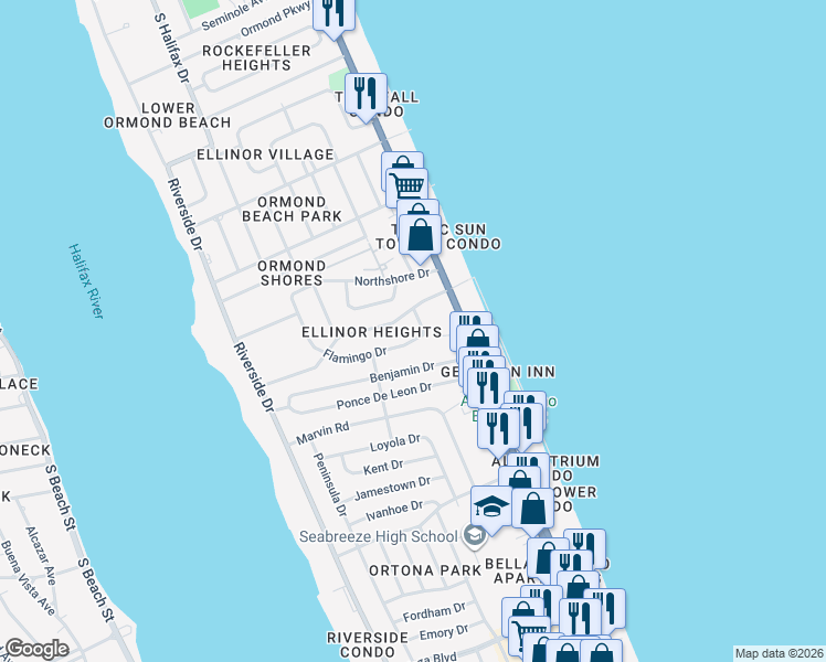 map of restaurants, bars, coffee shops, grocery stores, and more near 787 Flamingo Drive in Ormond Beach