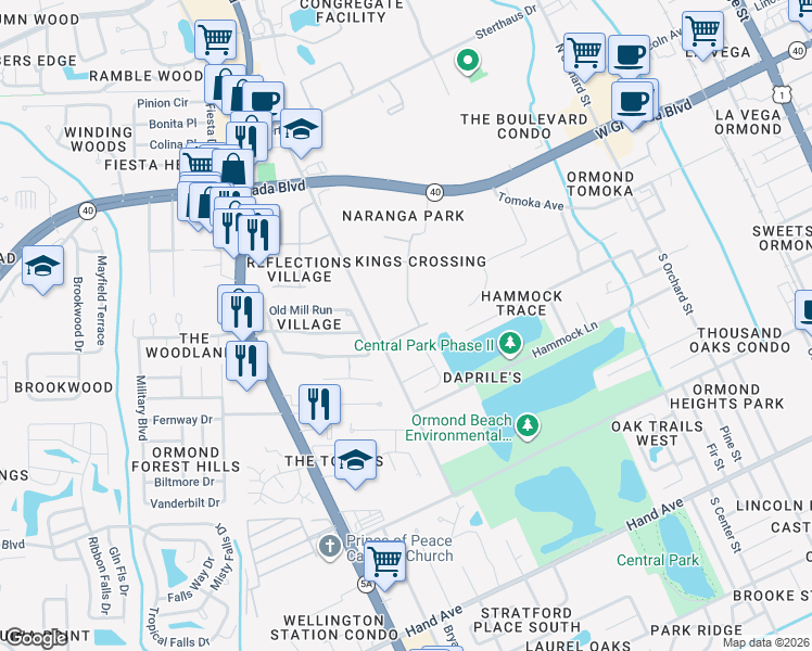 map of restaurants, bars, coffee shops, grocery stores, and more near 9 Lionshead Drive in Ormond Beach