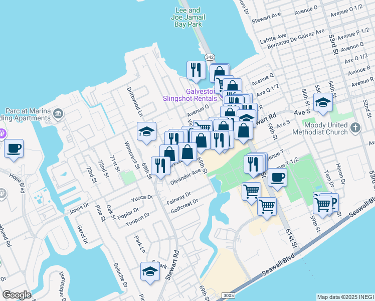 map of restaurants, bars, coffee shops, grocery stores, and more near 6520 Stewart Rd in Galveston