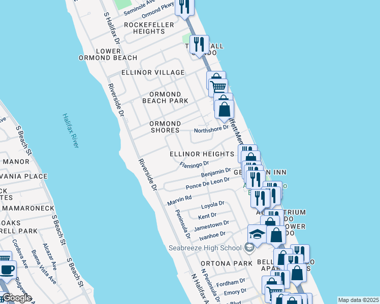 map of restaurants, bars, coffee shops, grocery stores, and more near 133 Cardinal Drive in Ormond Beach