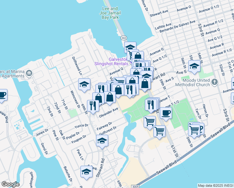 map of restaurants, bars, coffee shops, grocery stores, and more near 6341 Stewart Road in Galveston