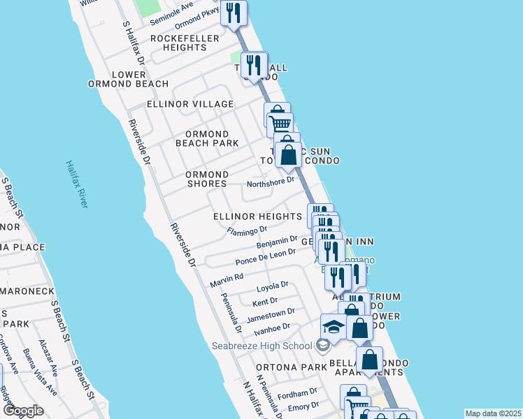 map of restaurants, bars, coffee shops, grocery stores, and more near 172 Cardinal Drive in Ormond Beach