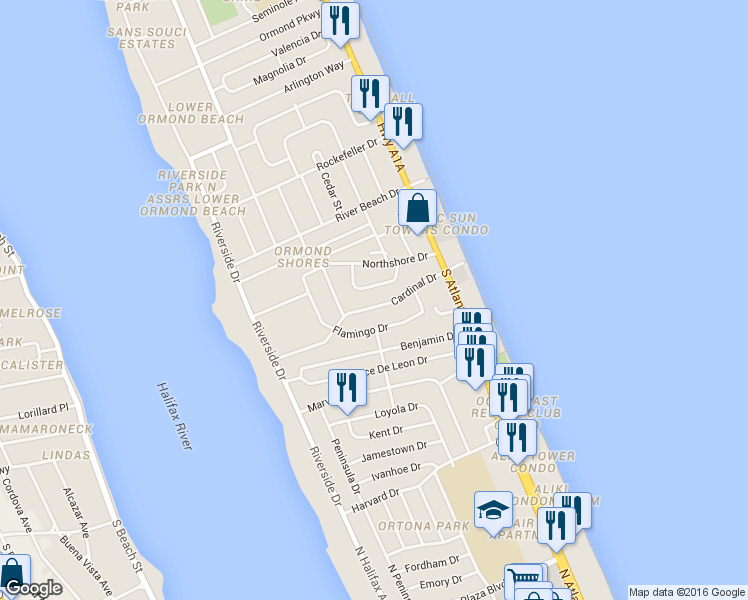 map of restaurants, bars, coffee shops, grocery stores, and more near 172 Cardinal Drive in Ormond Beach