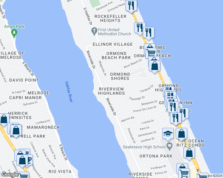 map of restaurants, bars, coffee shops, grocery stores, and more near 37 Pleasant Drive in Ormond Beach